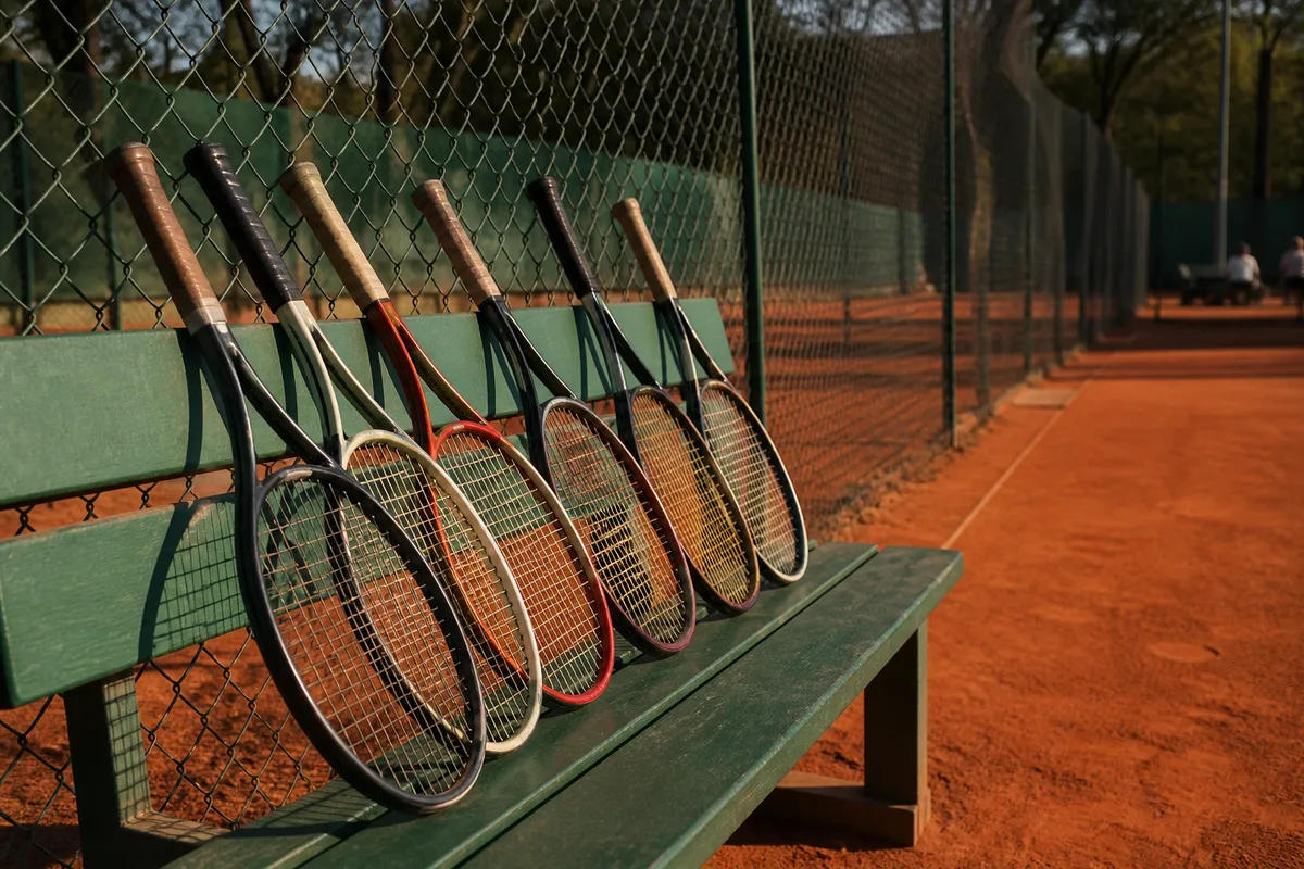 Plusieurs raquettes de tennis alignees sur un banc au bord d un court