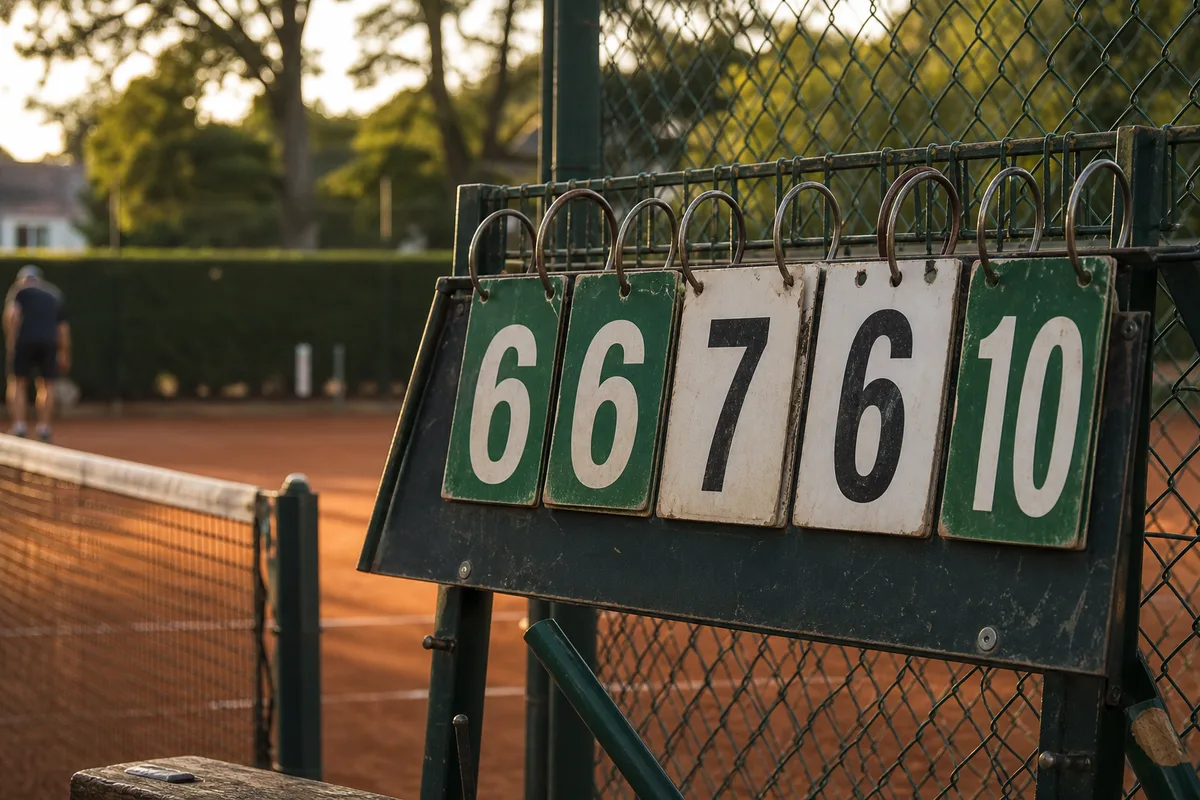 Tableau de score manuel affichant un jeu decisif serre au bord du court