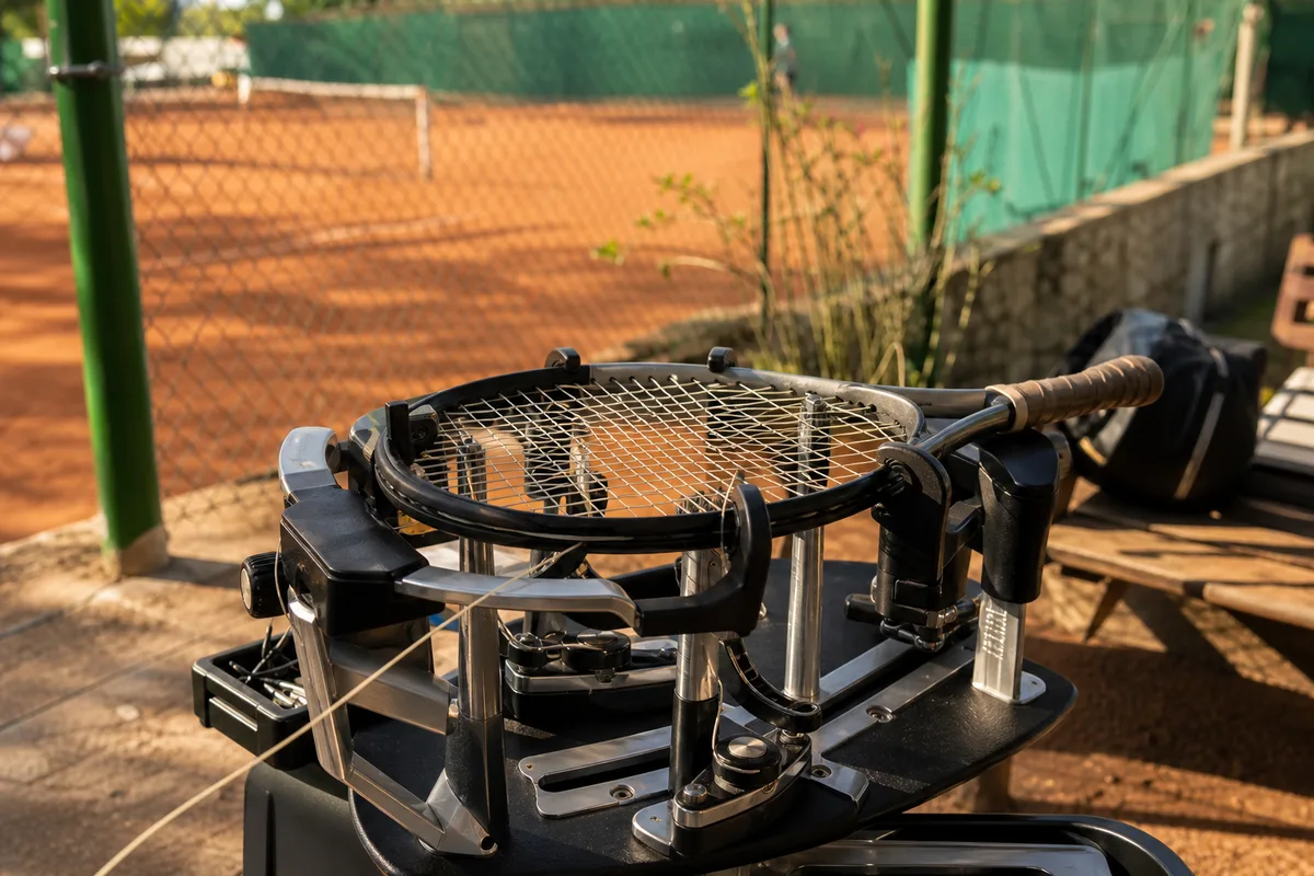 Machine a corder professionnelle avec une raquette de tennis en cours de montage
