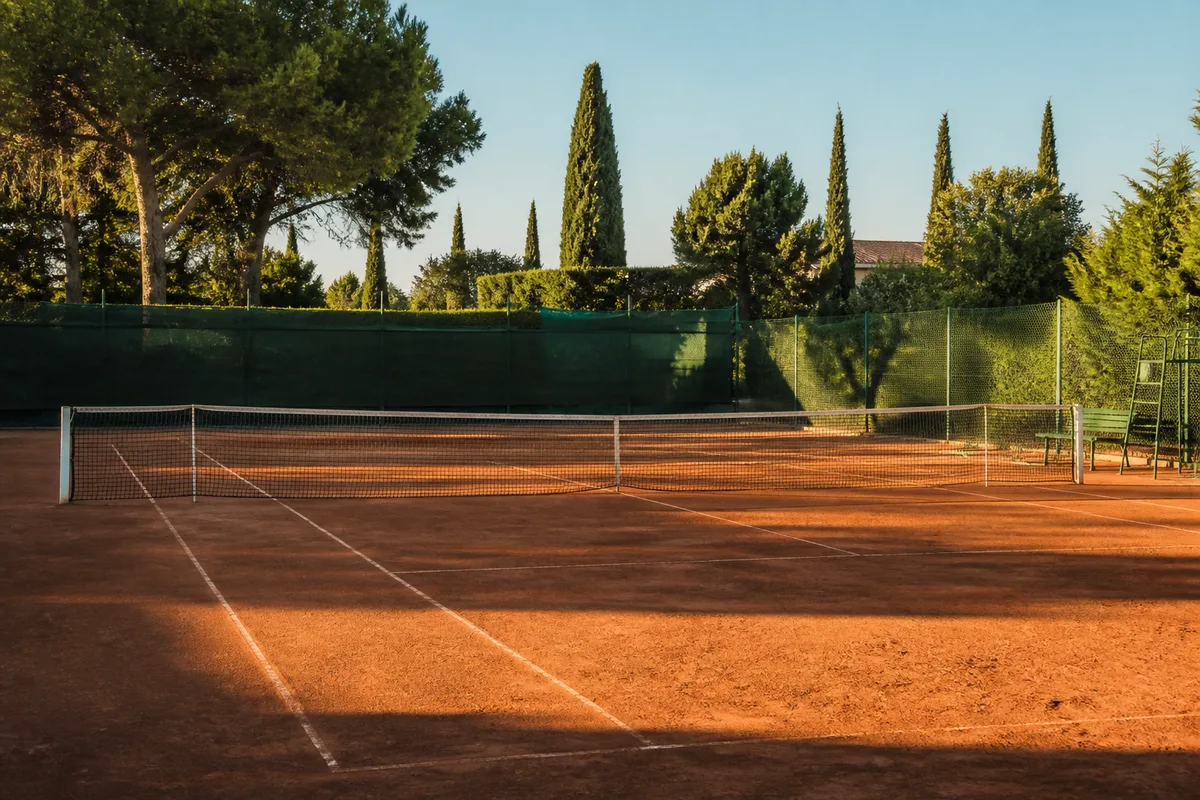 Court de tennis vu en contre-plongée au petit matin, ligne de fond nette et balles alignées près du filet