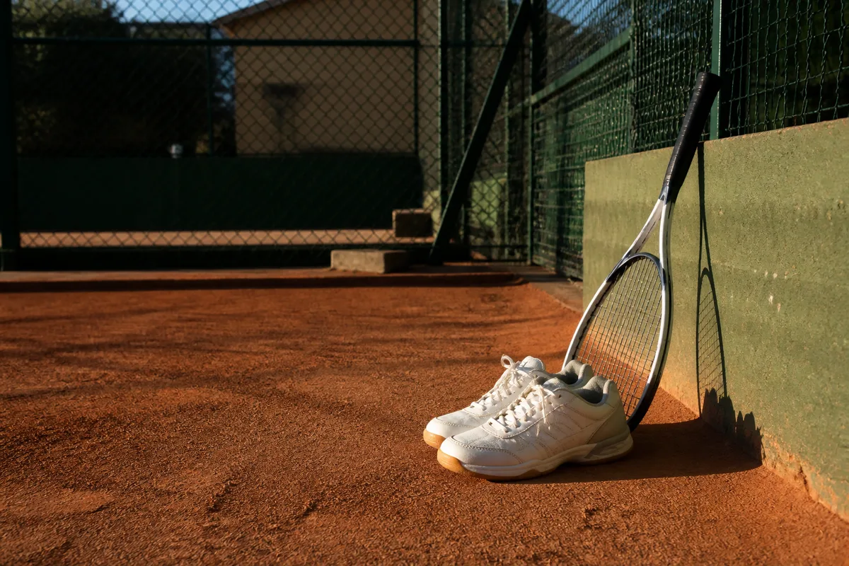 Chaussures de sport en salle et raquette de squash posees pres du mur