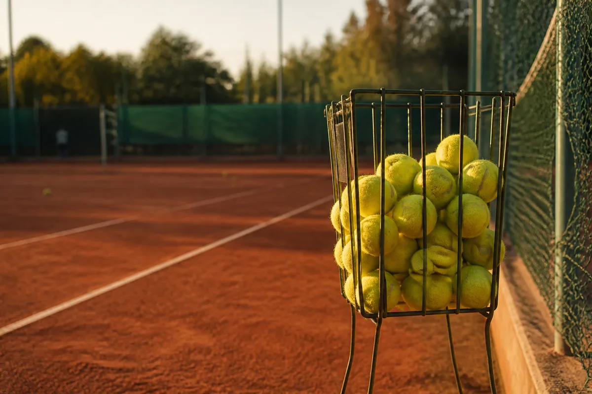 Panier de balles de tennis pose au bord du court pendant une seance technique