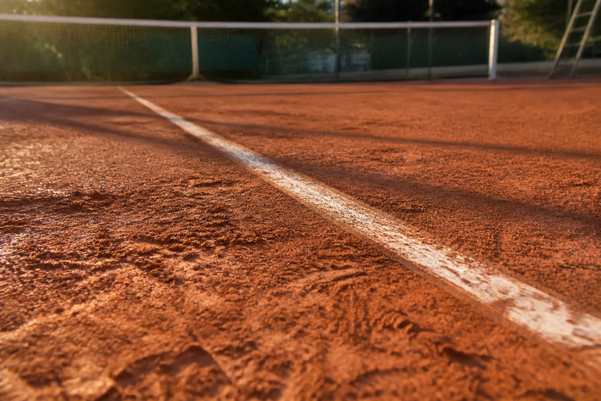 Vue rapprochee de la ligne de fond sur un court en terre battue ocre