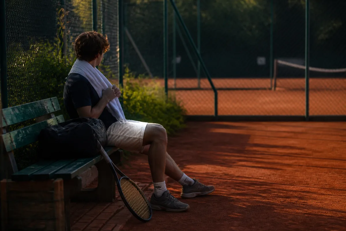 Joueur assis sur un banc avec sa serviette entre deux matchs de tournoi